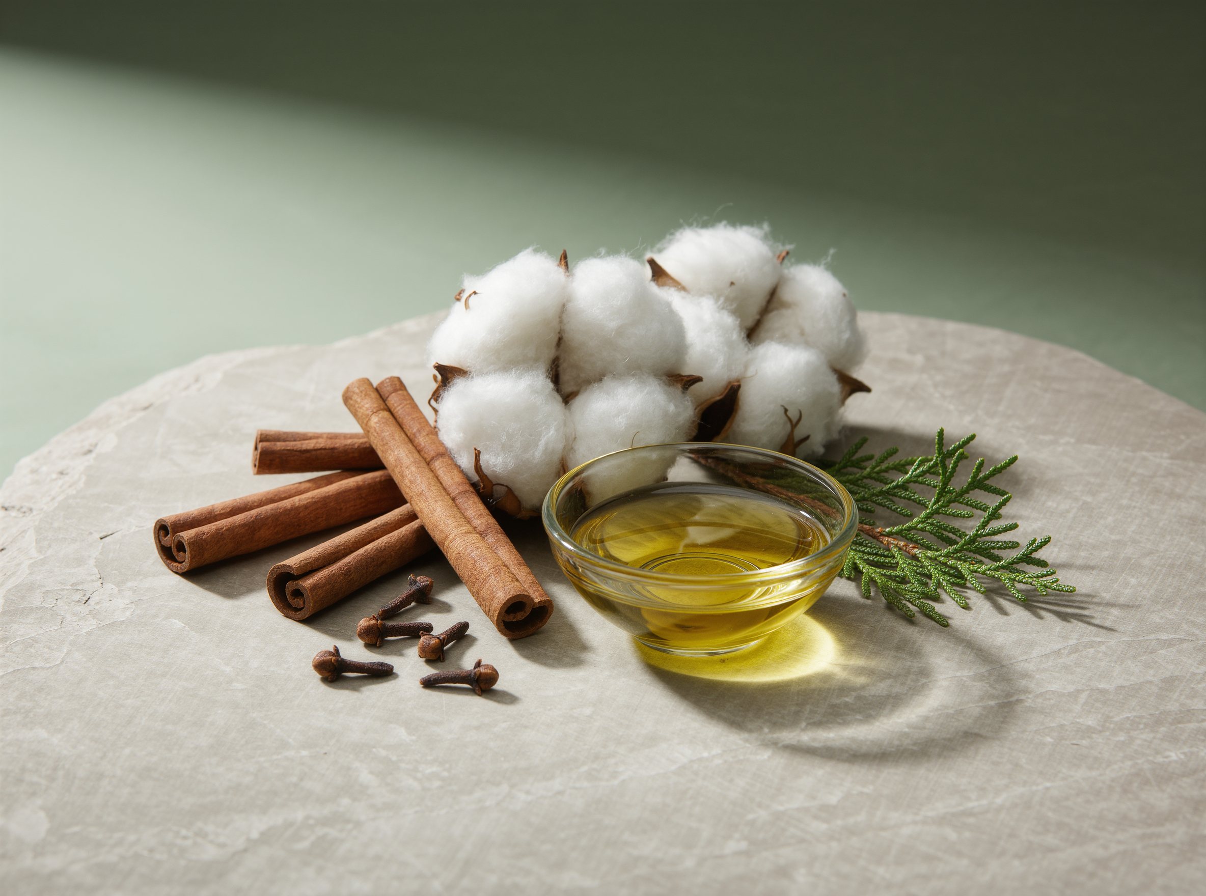 Cinnamon, clove, cedar and cotton bolls on stone