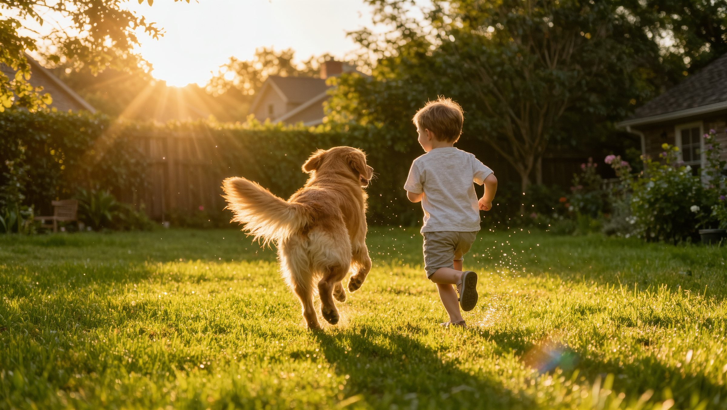 A child and a dog running across a sunlit backyard lawn