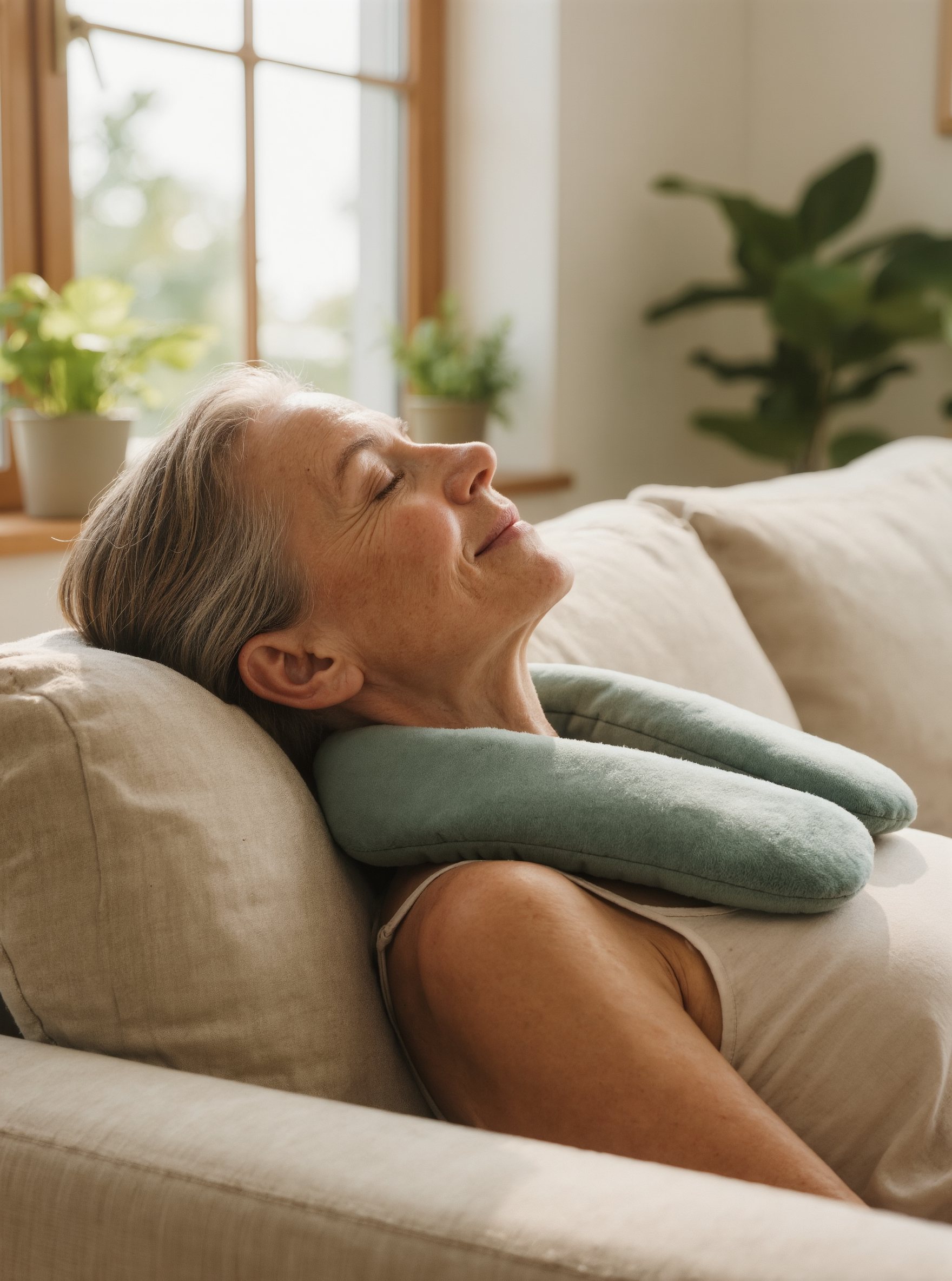 A woman resting with a warm fabric pack around her shoulders